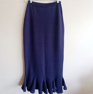 Dorothée Bis Vintage Purple Wool Ribbed Knit Midi Skirt Godet Ruffles Size M-L